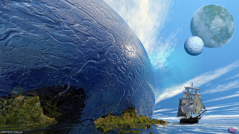 Sailing Ship Near Alien Planet