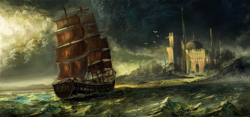 Sailing ship near ancient city