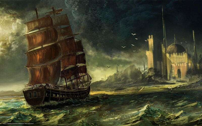 Sailing ship near ancient city