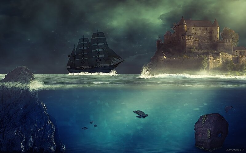 Sailing Ship Near Castle — Blue, Dramatic, Night