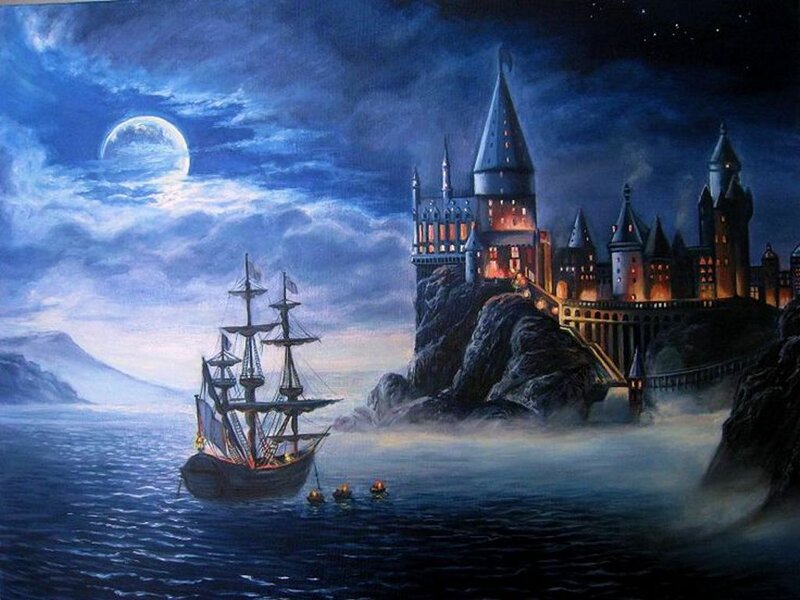 Sailing Ship Near Castle — Blue, Dramatic