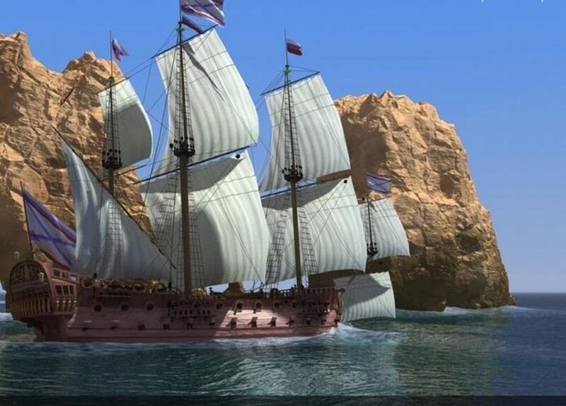 Sailing Ship Near Cliffs — Blue