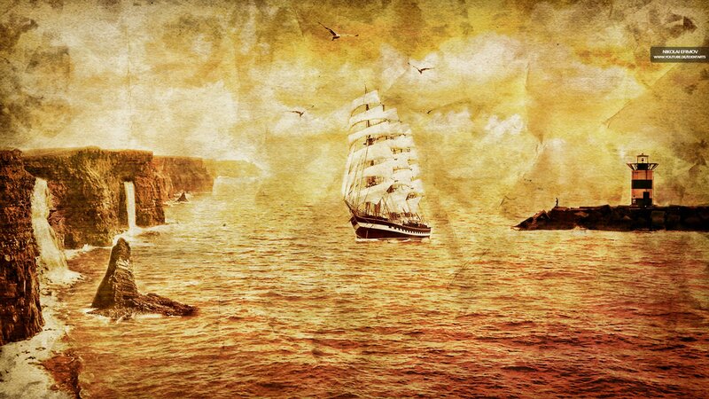 Sailing ship near cliffs