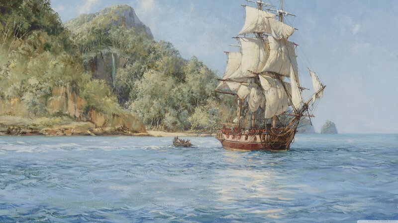 Sailing Ship Near Coast — Blue