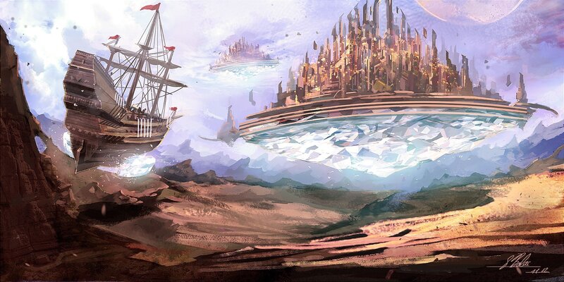 Sailing Ship Near Floating City — Purple
