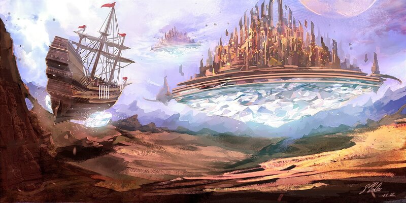 Sailing Ship Near Floating City