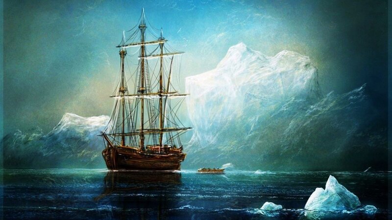 Sailing Ship Near Icebergs — Blue