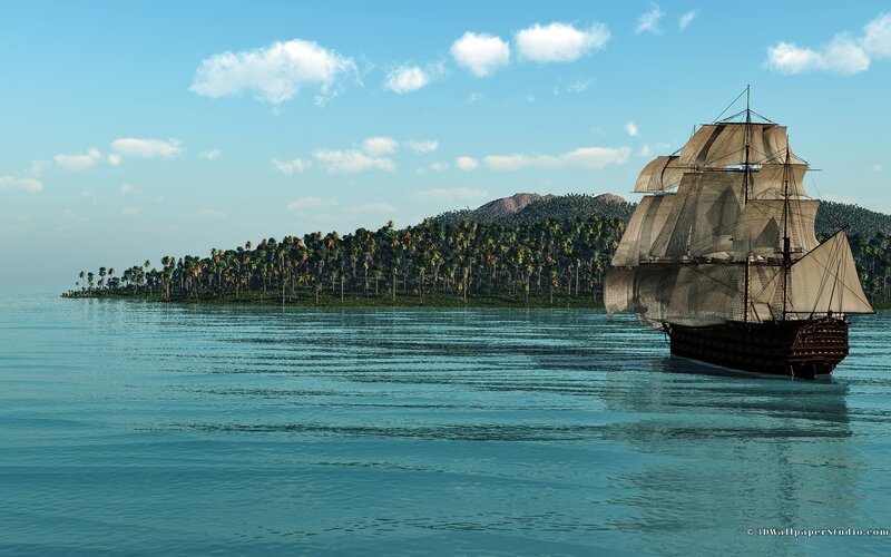 Sailing Ship Near Island — Blue, Serene