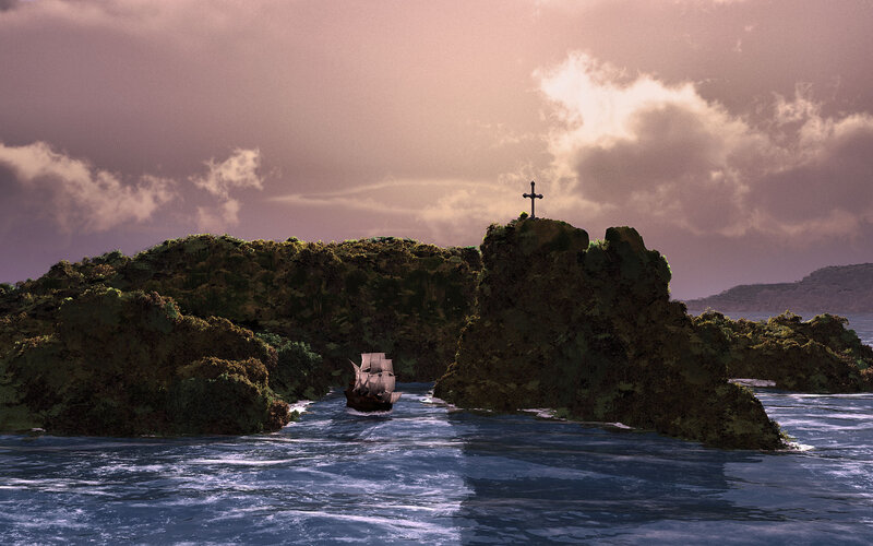 Sailing Ship Near Island — Blue