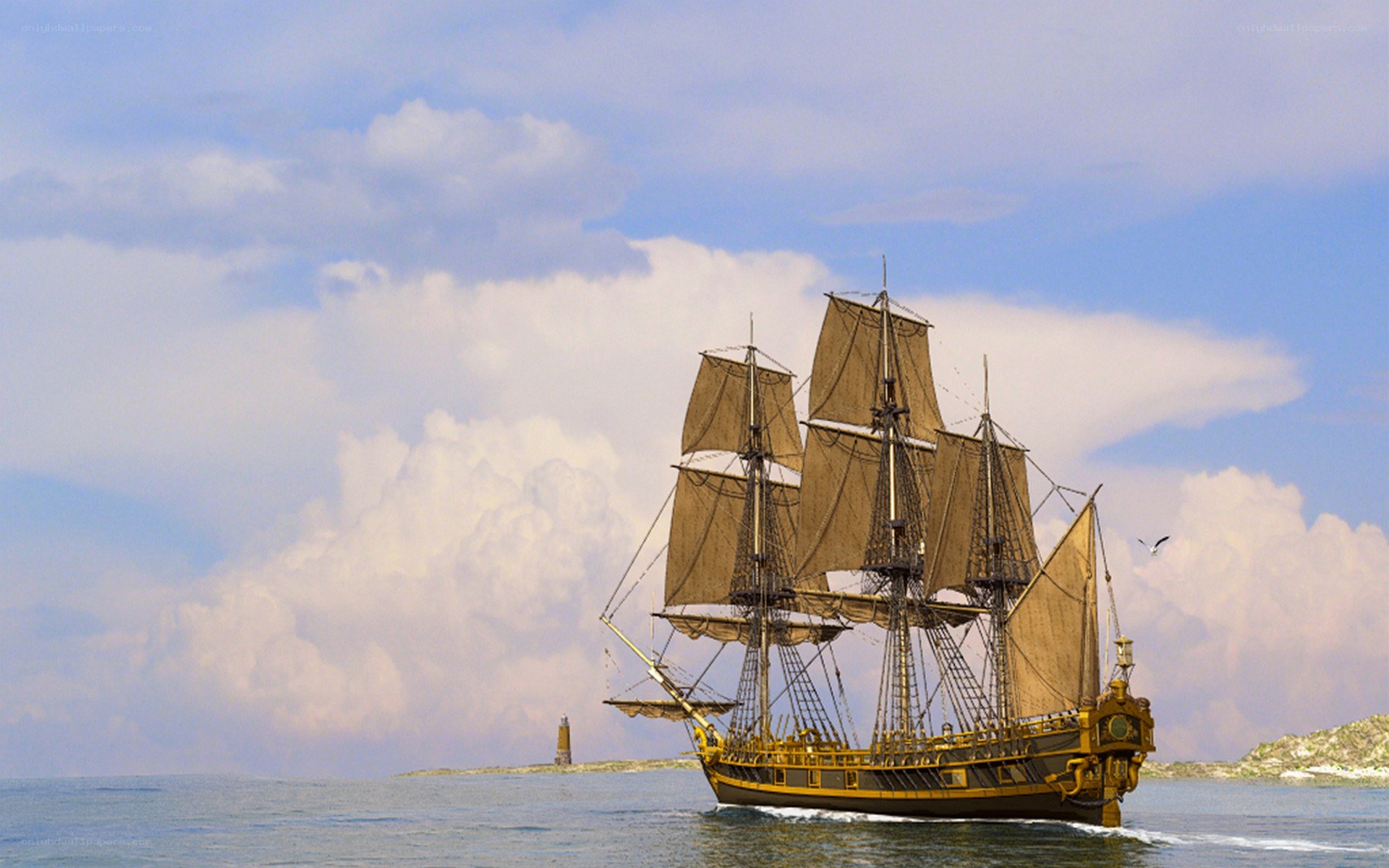 sailing ship near lighthouse