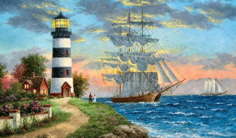 Sailing Ship Near Lighthouse — Blue