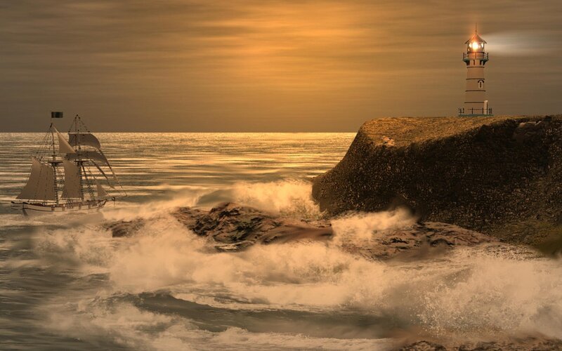 Sailing Ship Near Lighthouse — Orange
