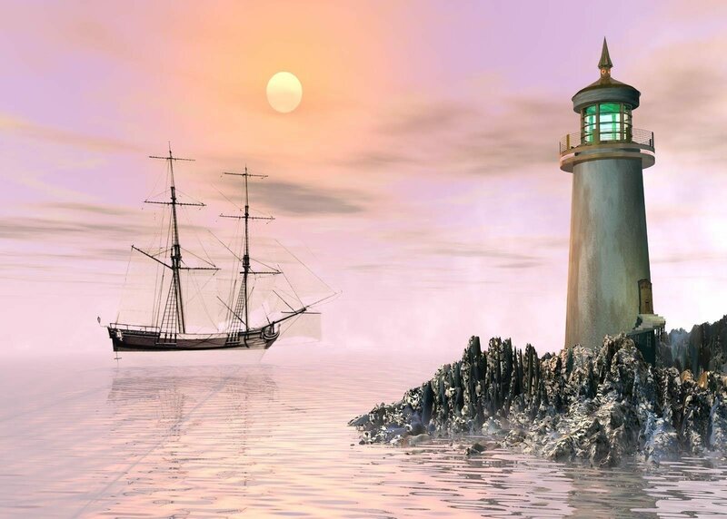 Sailing Ship Near Lighthouse — Pink