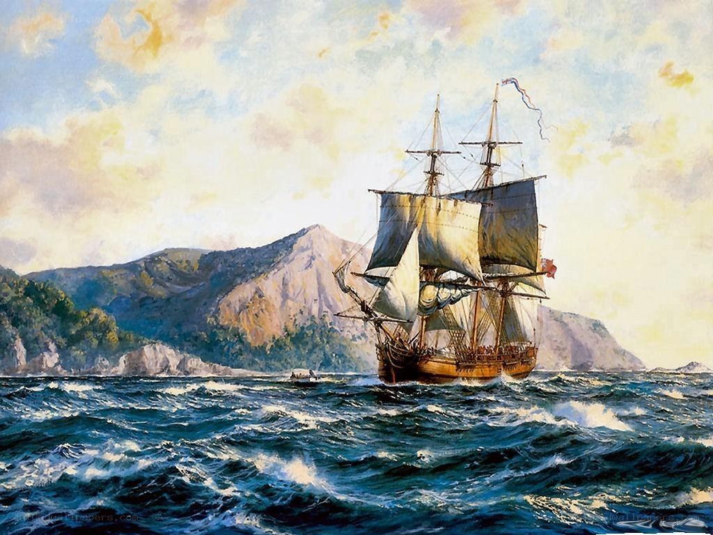 Sailing ship near mountainous coast