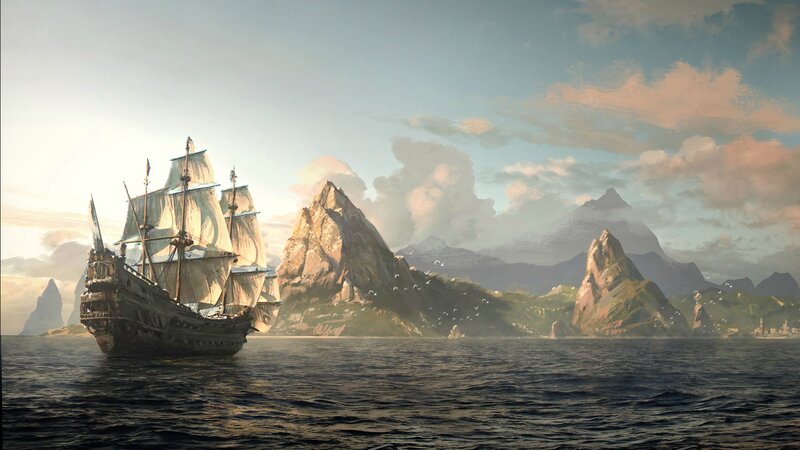 Sailing Ship Near Mountains — Blue