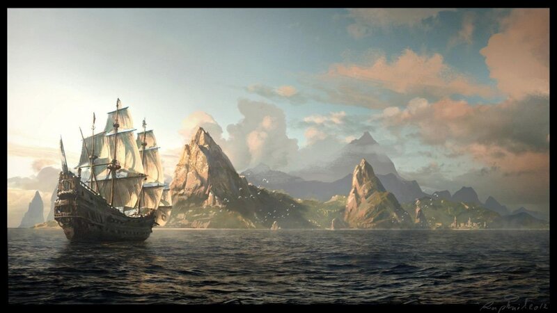 Sailing Ship Near Mountains