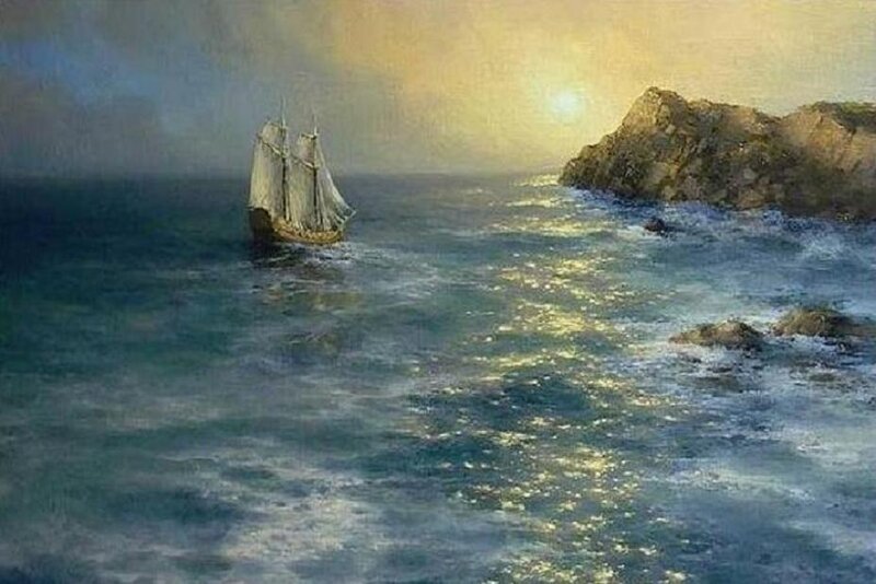 Sailing Ship Near Rocks