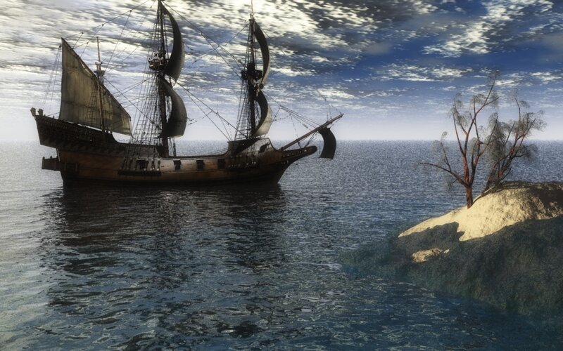 sailing ship near rocky island