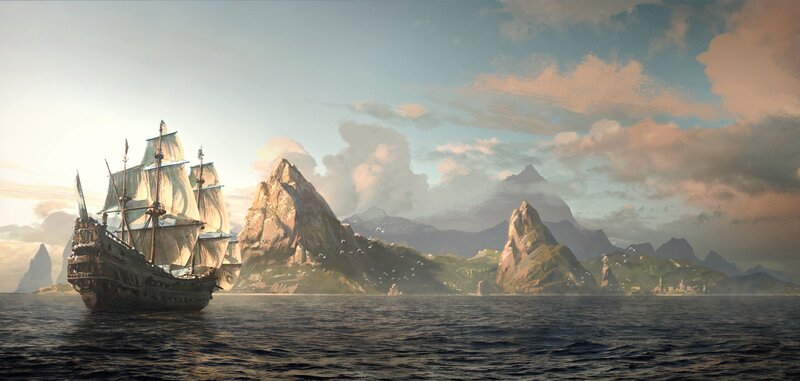 sailing ship near rocky islands