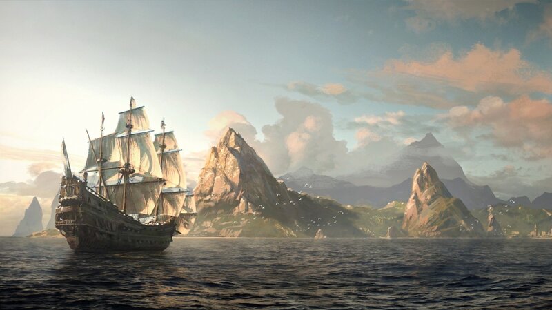 sailing ship near rocky islands