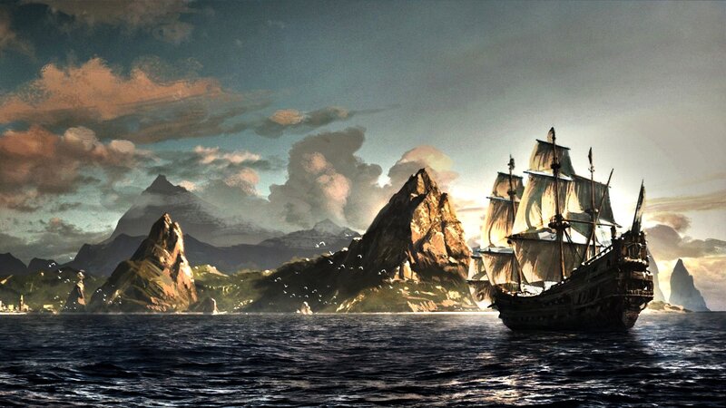 Sailing Ship Near Rocky Islands — Blue