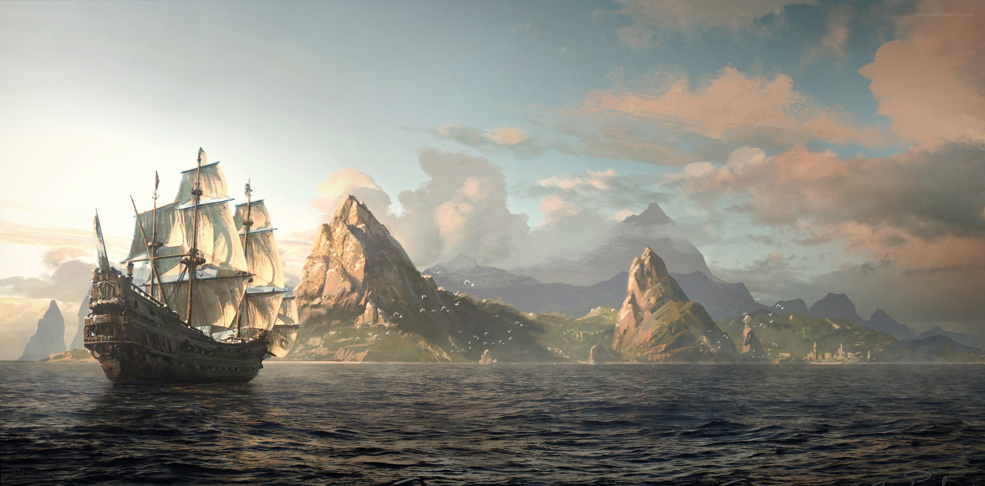Sailing ship near rocky islands