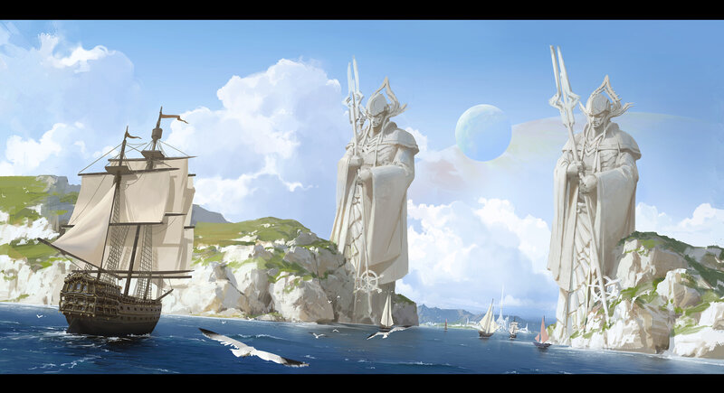 Sailing Ship Near Statues