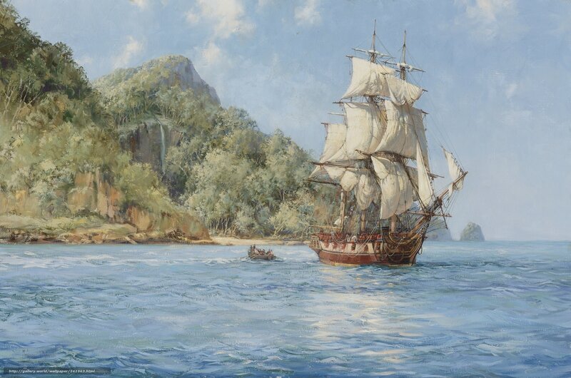 Sailing ship near tropical island