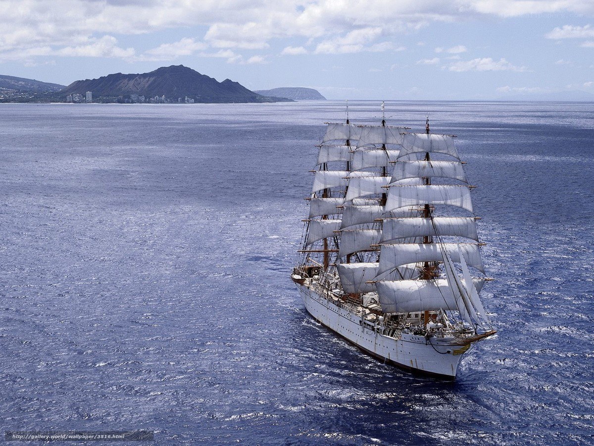 Sailing ship near volcanic island
