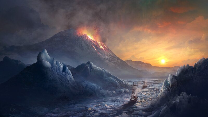 Sailing Ship Near Volcano — Orange