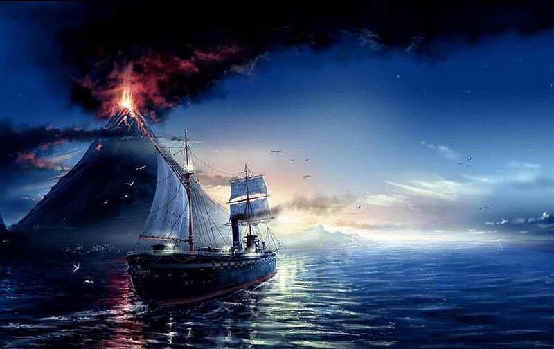 Sailing Ship Near Volcano