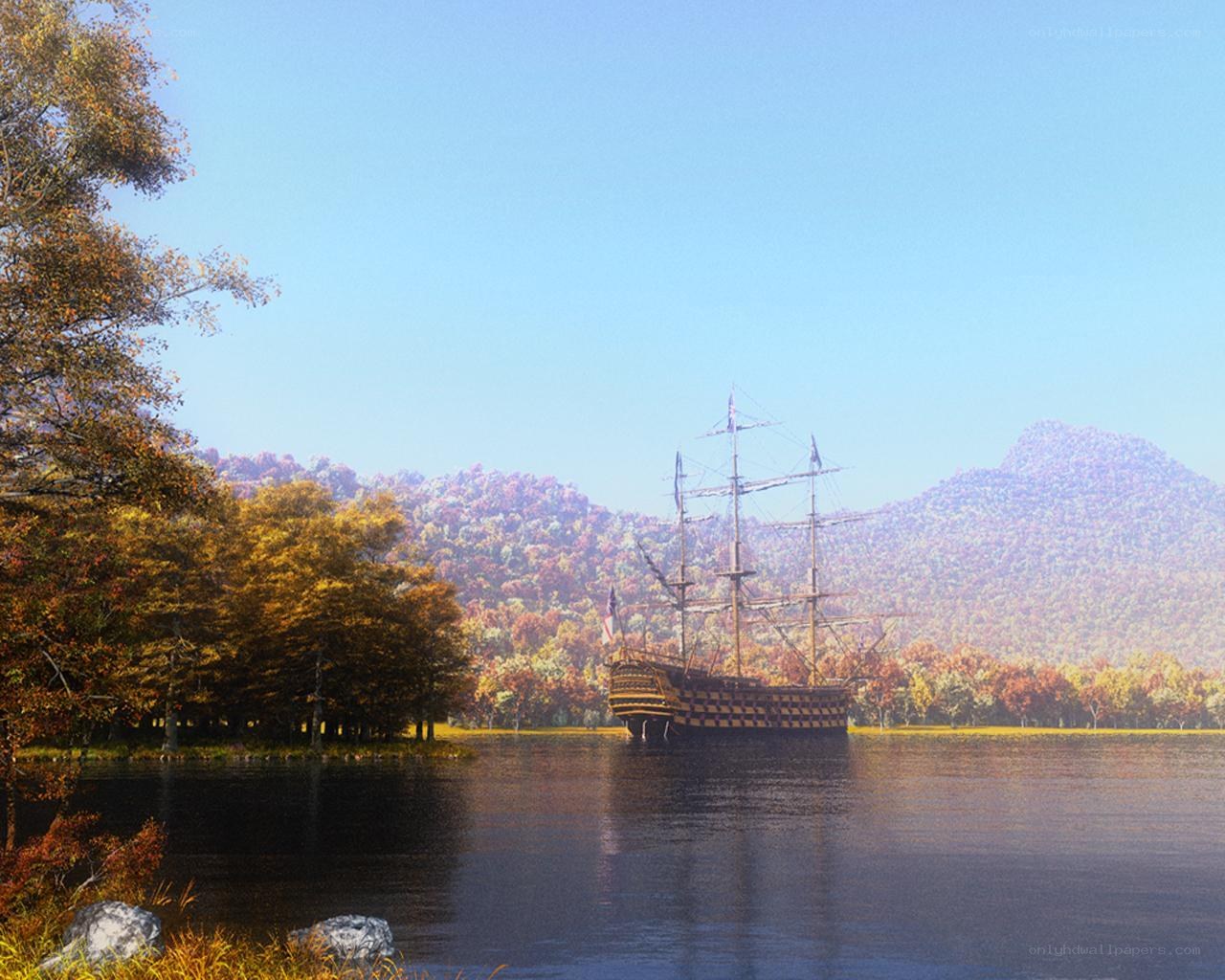 Sailing ship on a calm lake