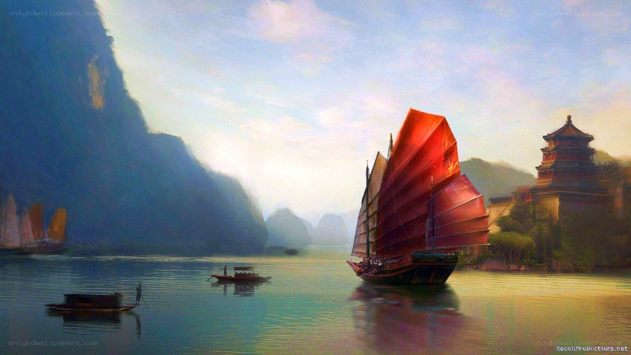 Sailing ship on a calm river