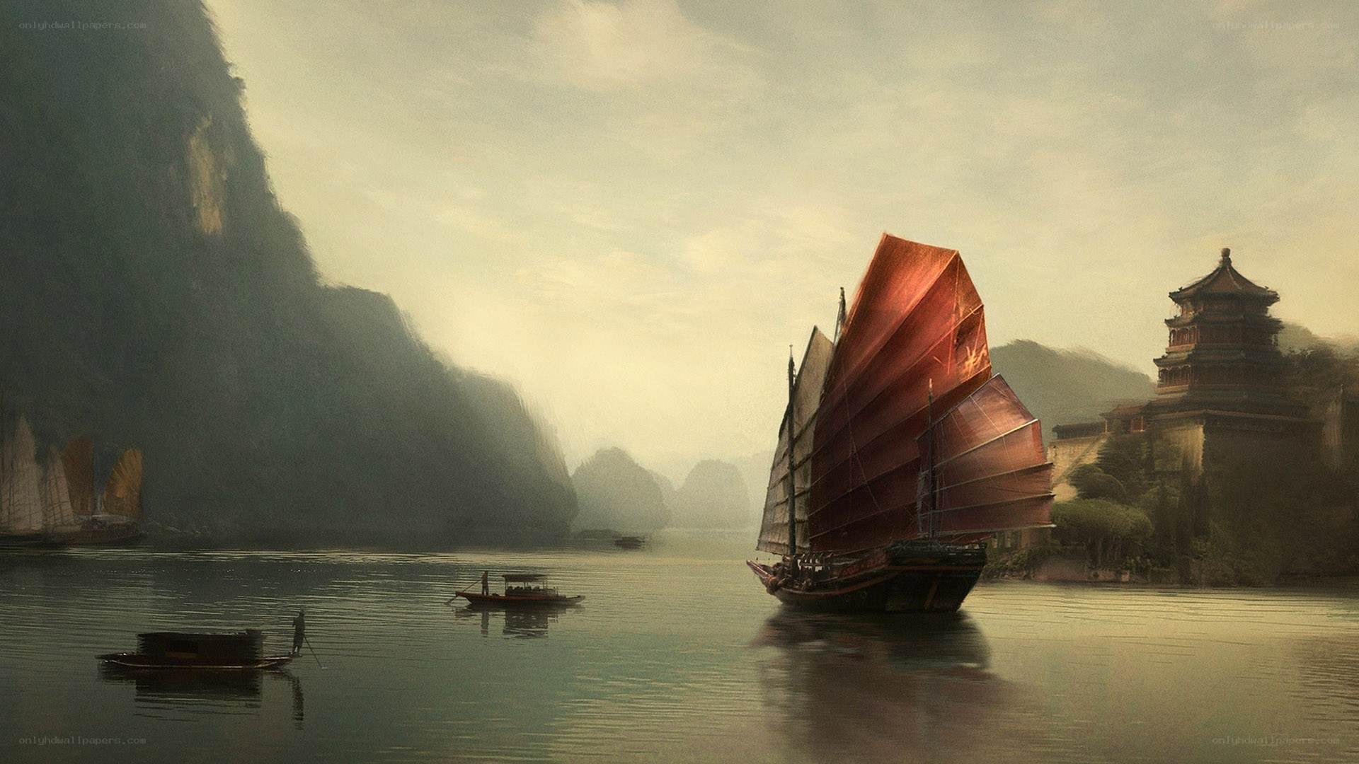 Sailing ship on a misty river