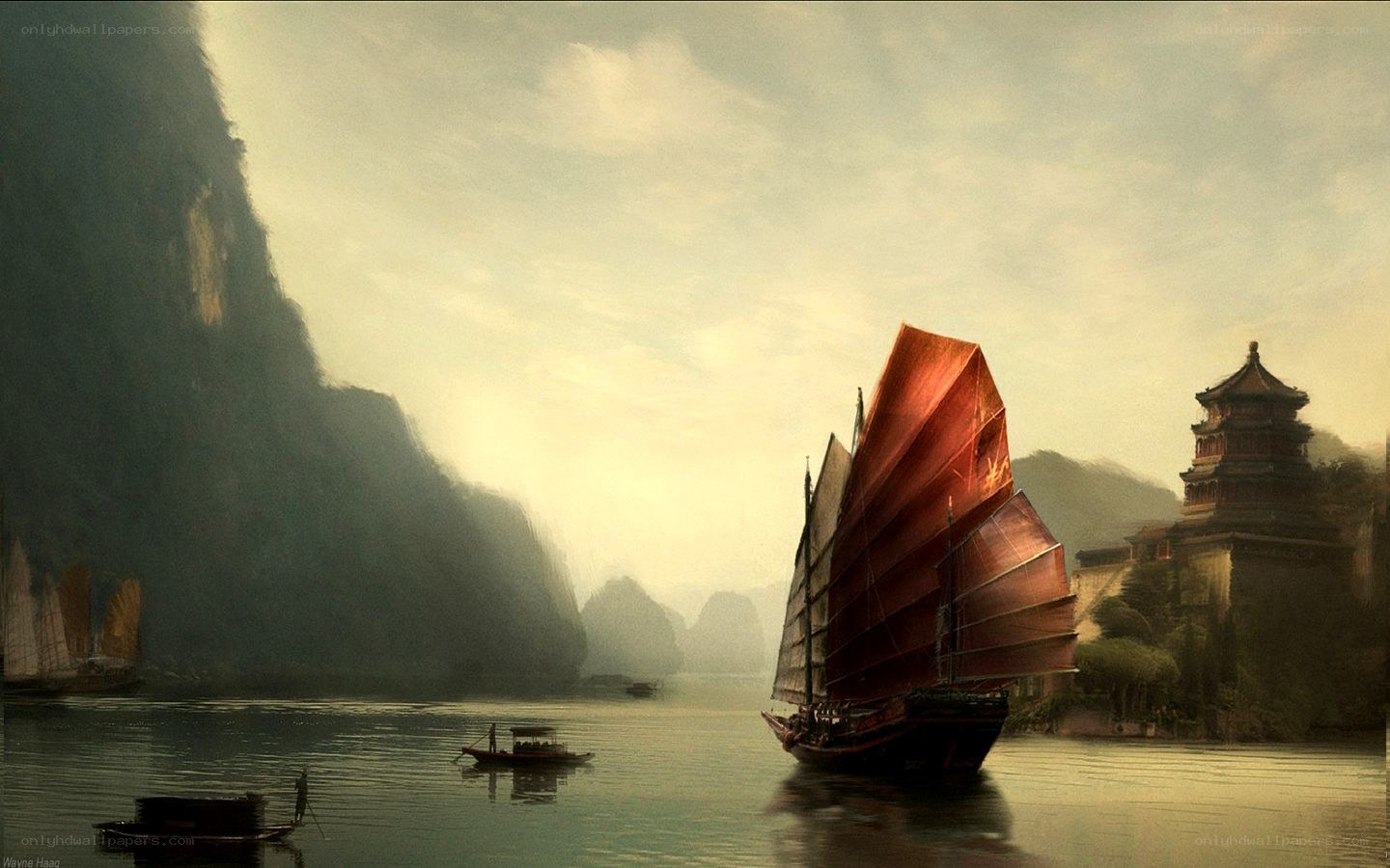 Sailing ship on a misty river