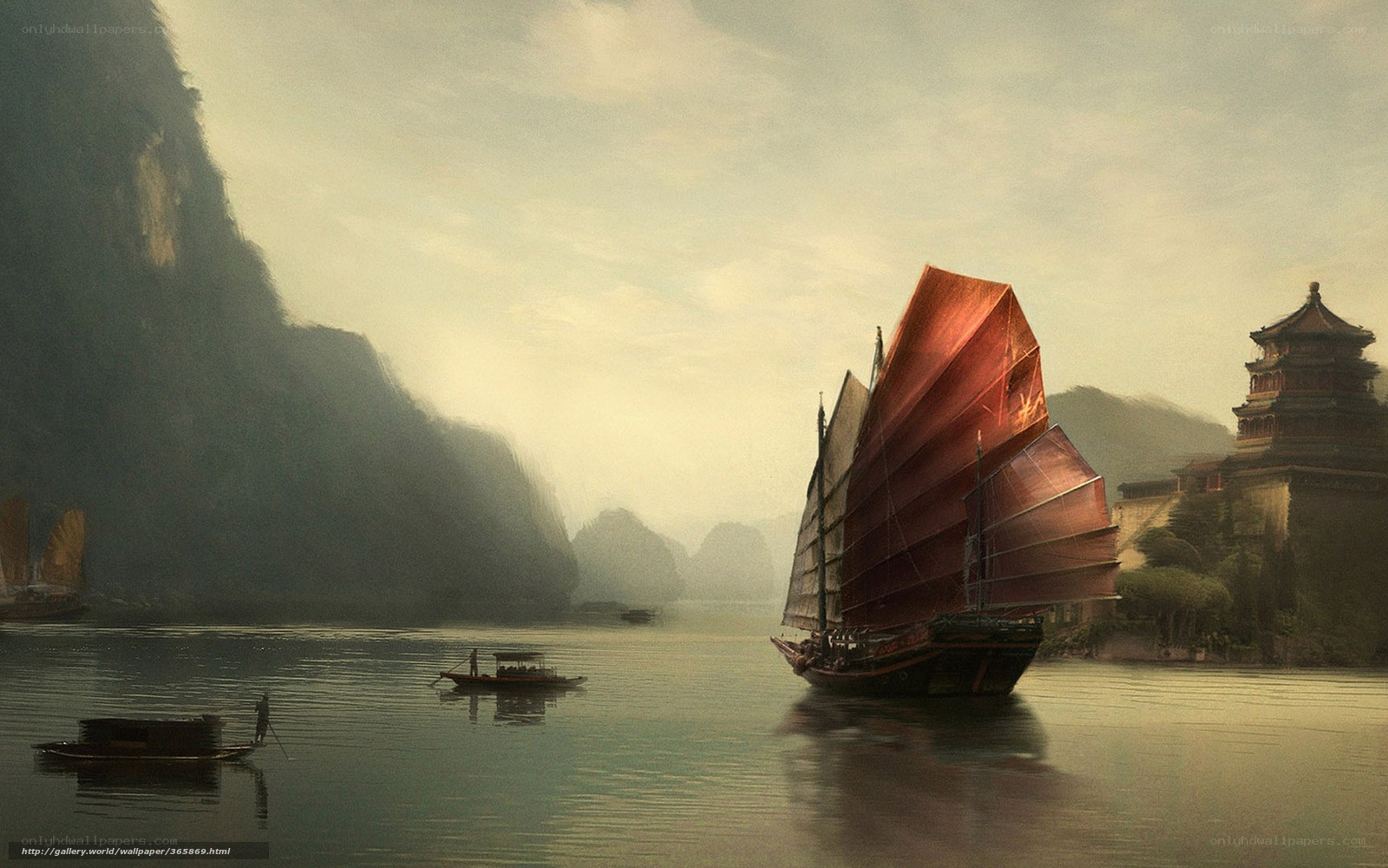 Sailing ship on a misty river
