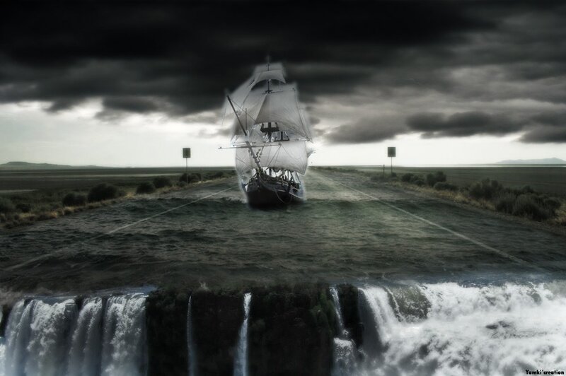 sailing ship on a road to the sea