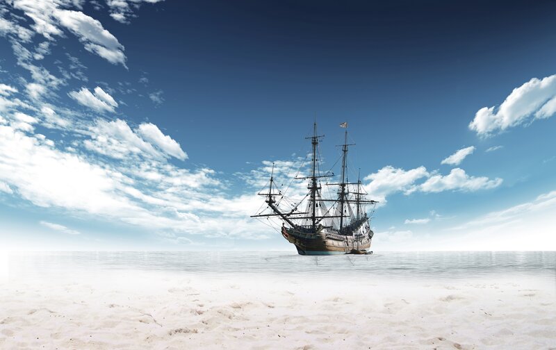 Sailing Ship on Calm Sea — Blue, Serene, Afternoon