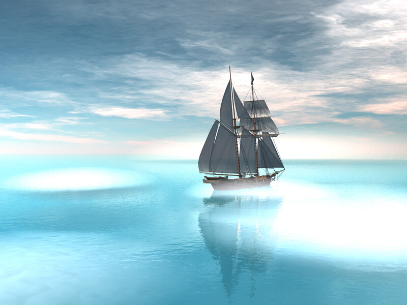 Sailing Ship on Calm Sea — Blue, Serene, Morning, 3d Render