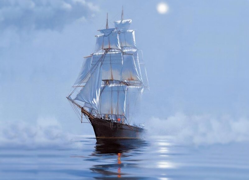 Sailing Ship on Calm Sea — Blue, Serene