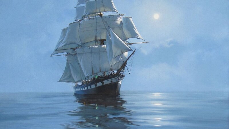 Sailing Ship on Calm Sea — Blue