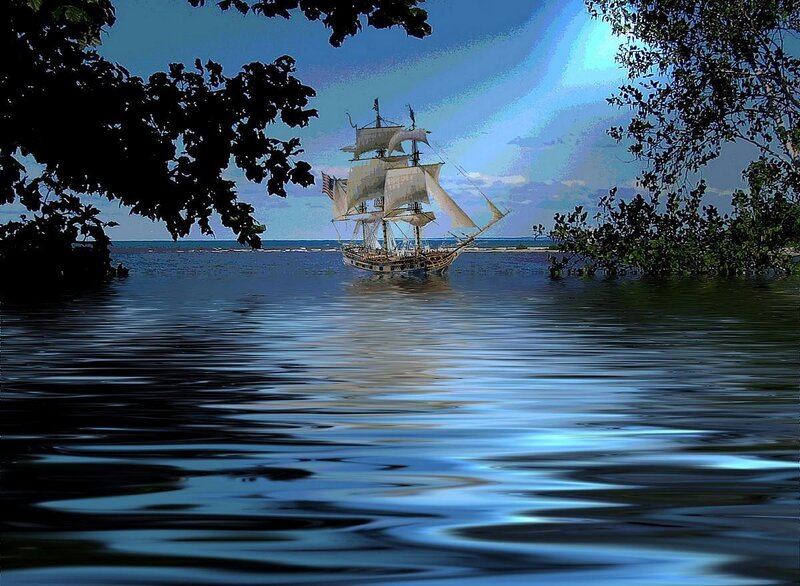 Sailing ship on calm water