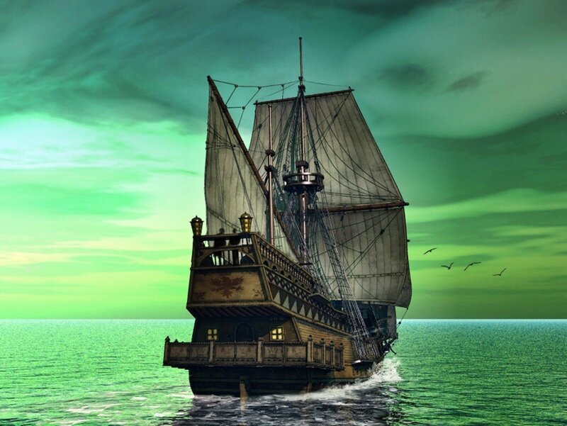 Sailing Ship on Green Sea