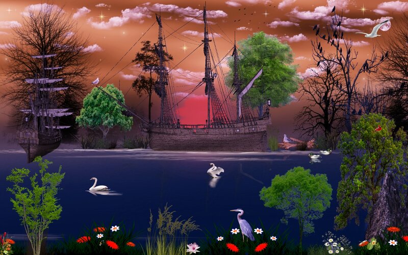 Sailing Ship on Lake — Blue, Dramatic, Sunset