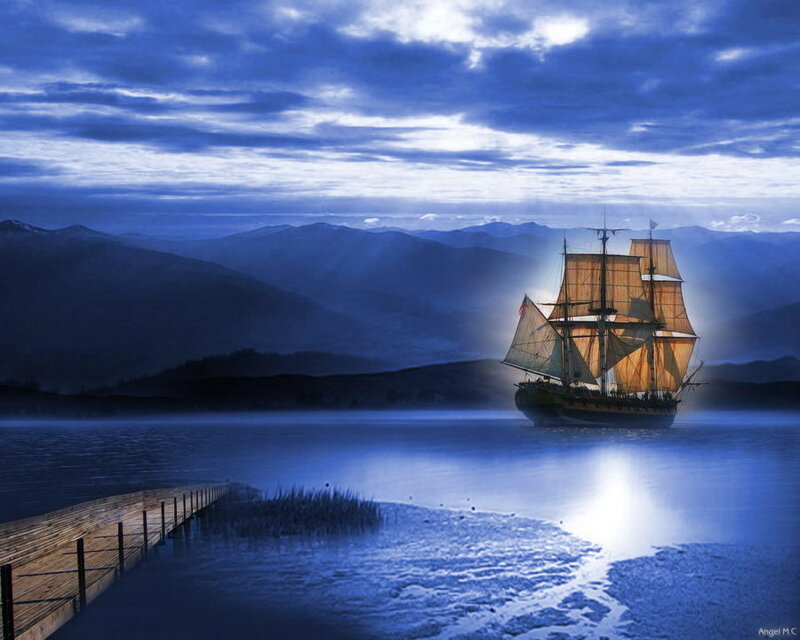 Sailing Ship on Lake — Blue