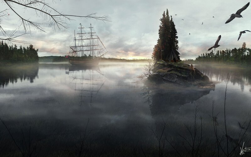 Sailing Ship on Lake — Gray, Serene