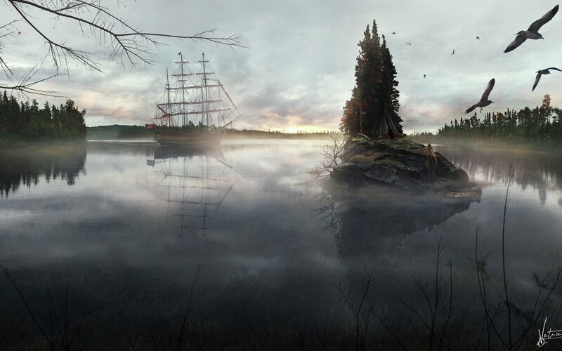 Sailing Ship on Lake — Gray