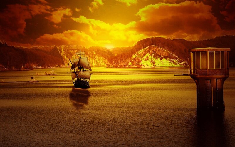 Sailing Ship on Lake — Yellow