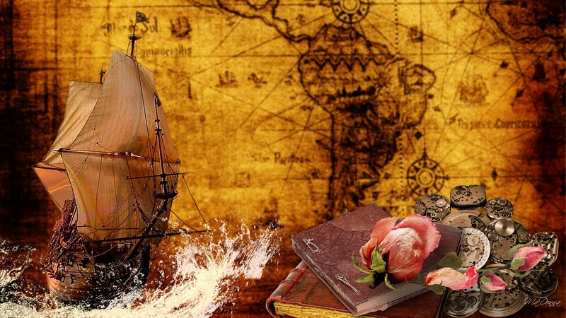 Sailing Ship on Map — Brown, Adventurous, Digital Art