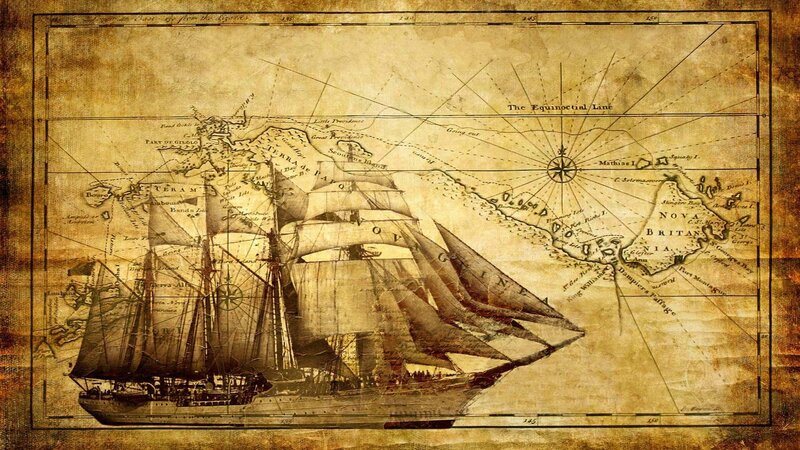 Sailing Ship on Map — Brown, Historical, Illustration, Compass Rose